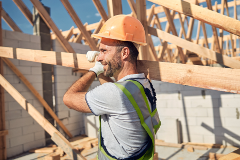 Carpenter carrying lumbar at building site